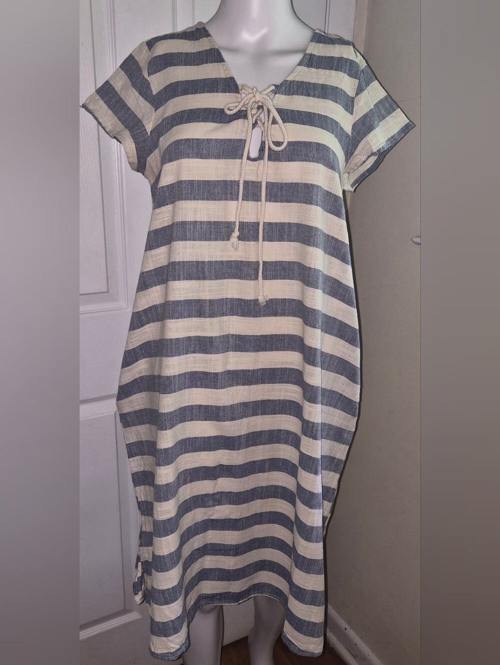 Love In Slate Blue Cream Striped Lace Up Tunic Shift Dress